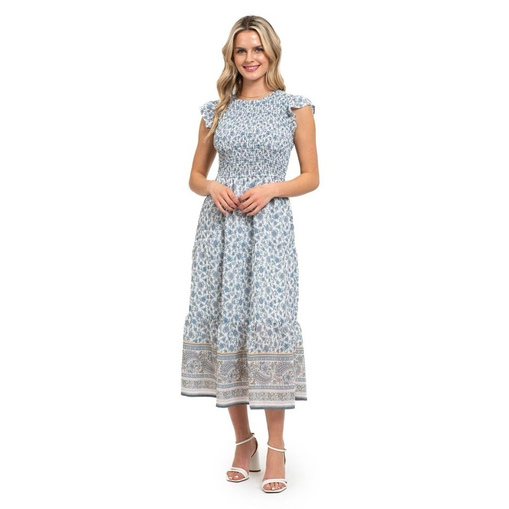 Elegant Blue Floral Midi Dress Feminine Smocked Pastel Tiered Coquette Girl Sz S